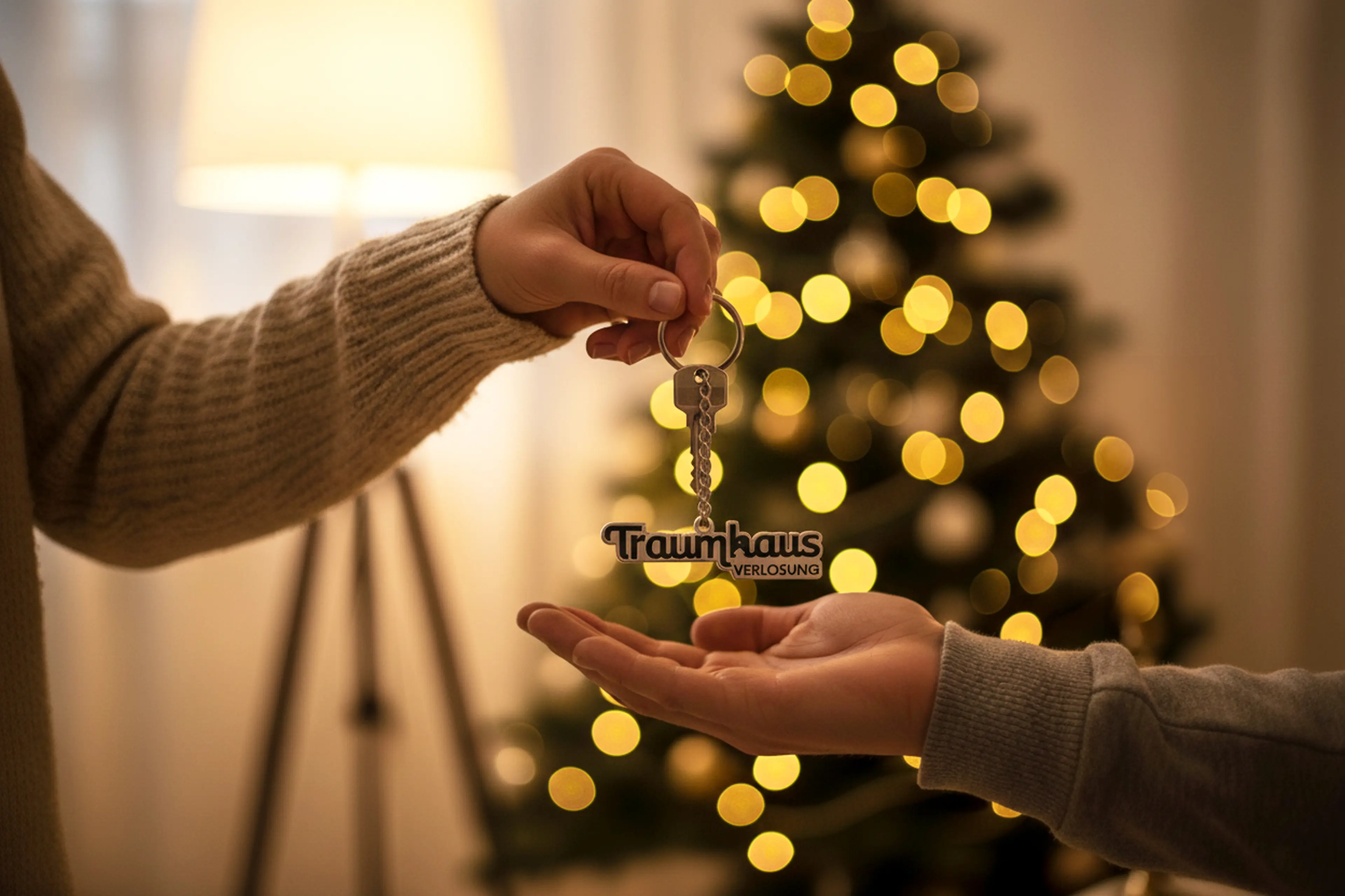 Eine Hand überreicht einer anderen Hand einen Hausschlüssel mit Traumhausverlosungs-Anhänger, im Hintergrund sieht man einen Weihnachtsbaum