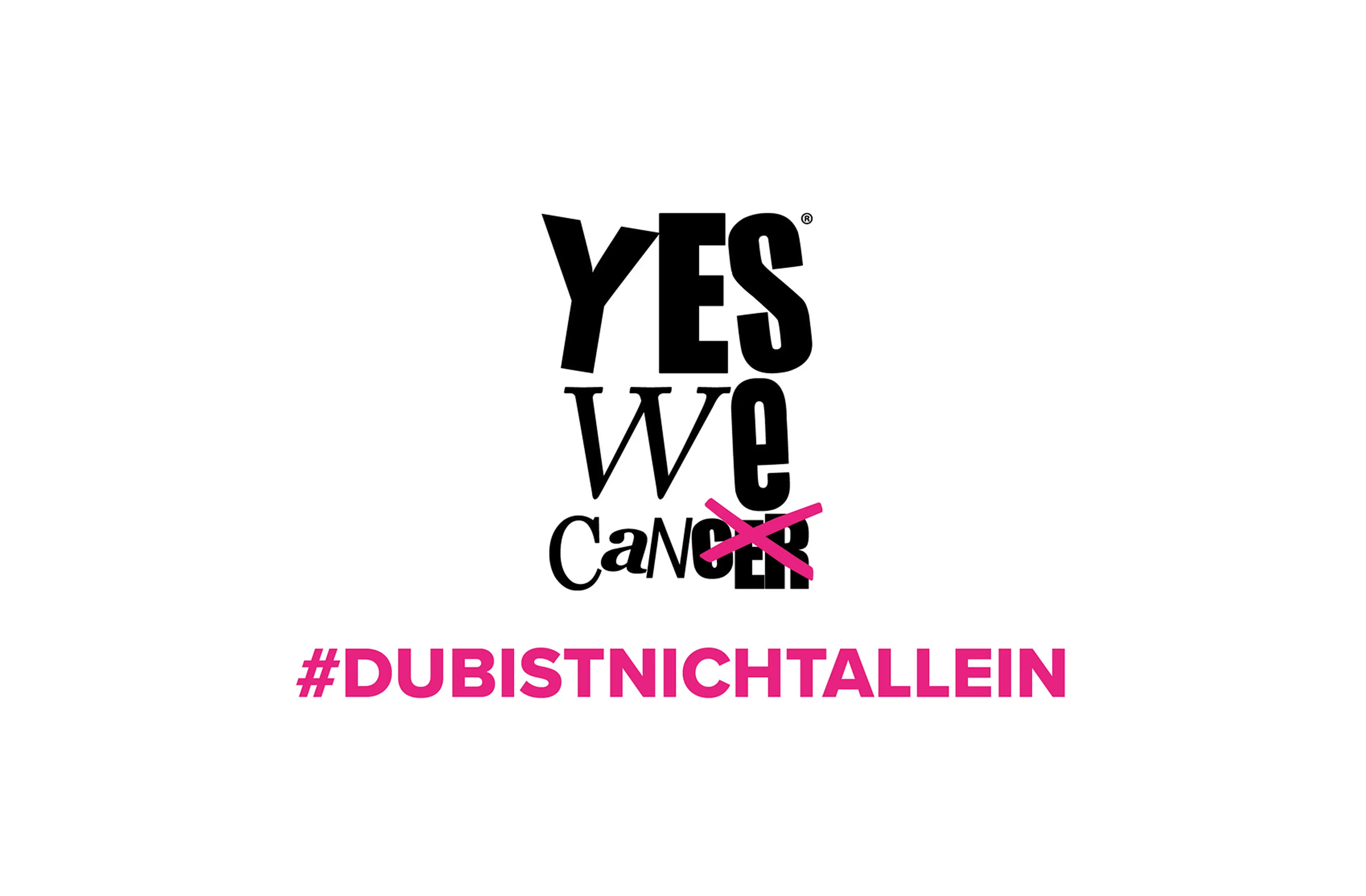 Logo von yeswecancer in schwarz auf weißem Hintergrund mit pinkem Hashtag DUBISTNICHTALLEIN