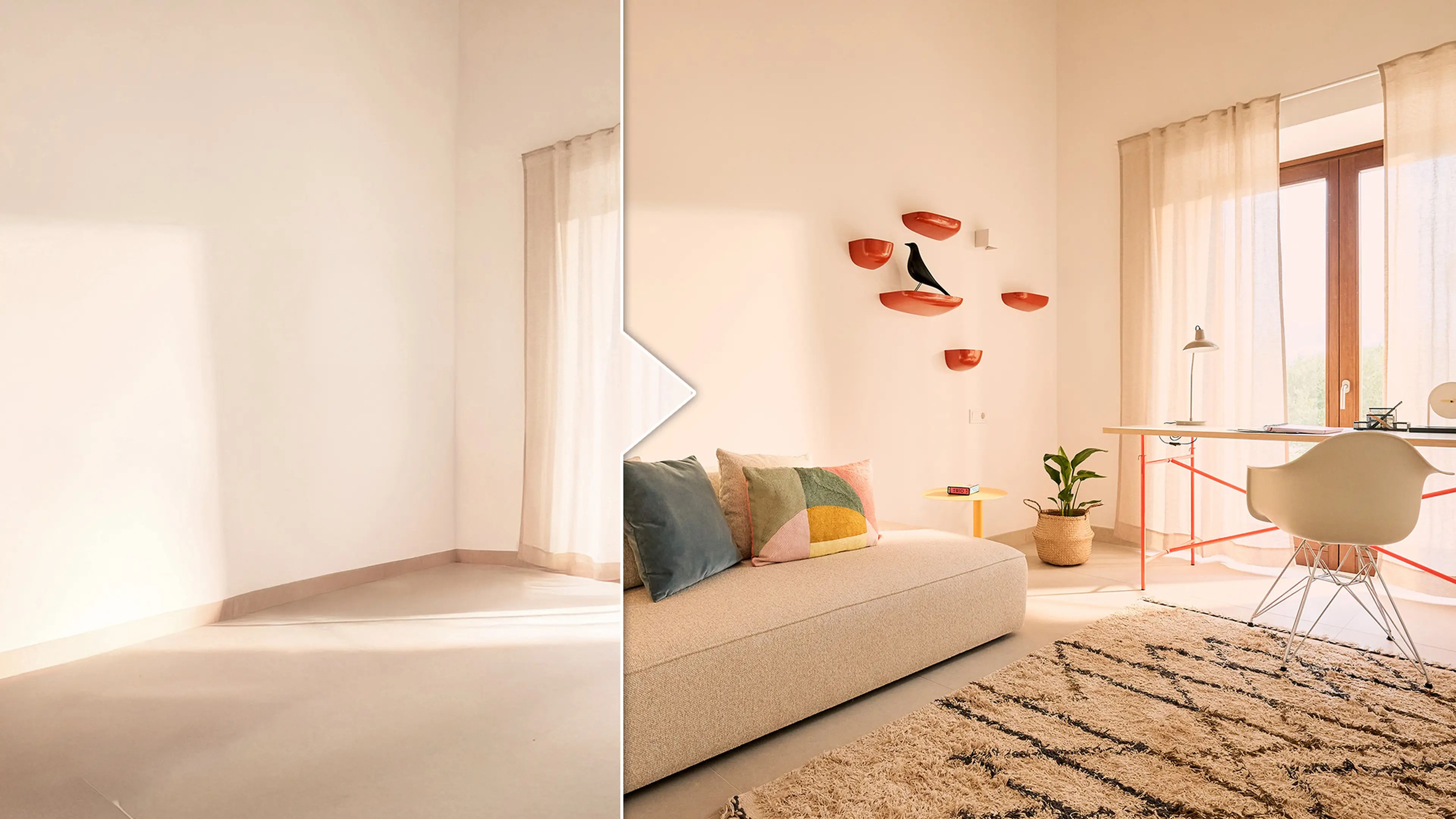 auf der linken Seite ein leerer Raum, auf der rechten das umgestaltete Zimmer