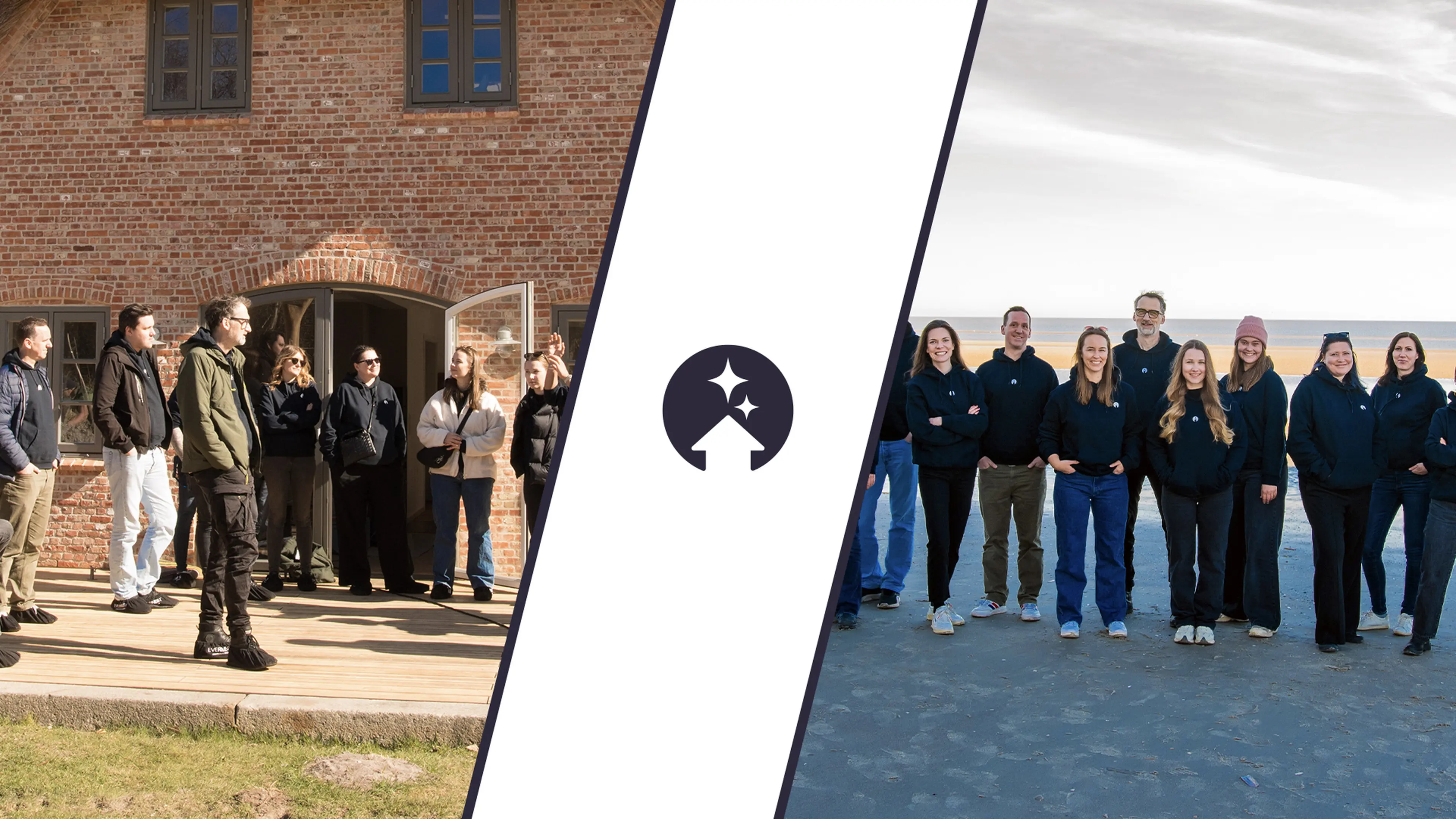 Eine Collage von 3 Bildern links und rechts Außen sind Fotos von dem Team der Traumhausverlosung, in der Mitte ein weißer Hintergrund auf dem das Logo der Traumhausverlosung in dunkellila abgebildet ist
