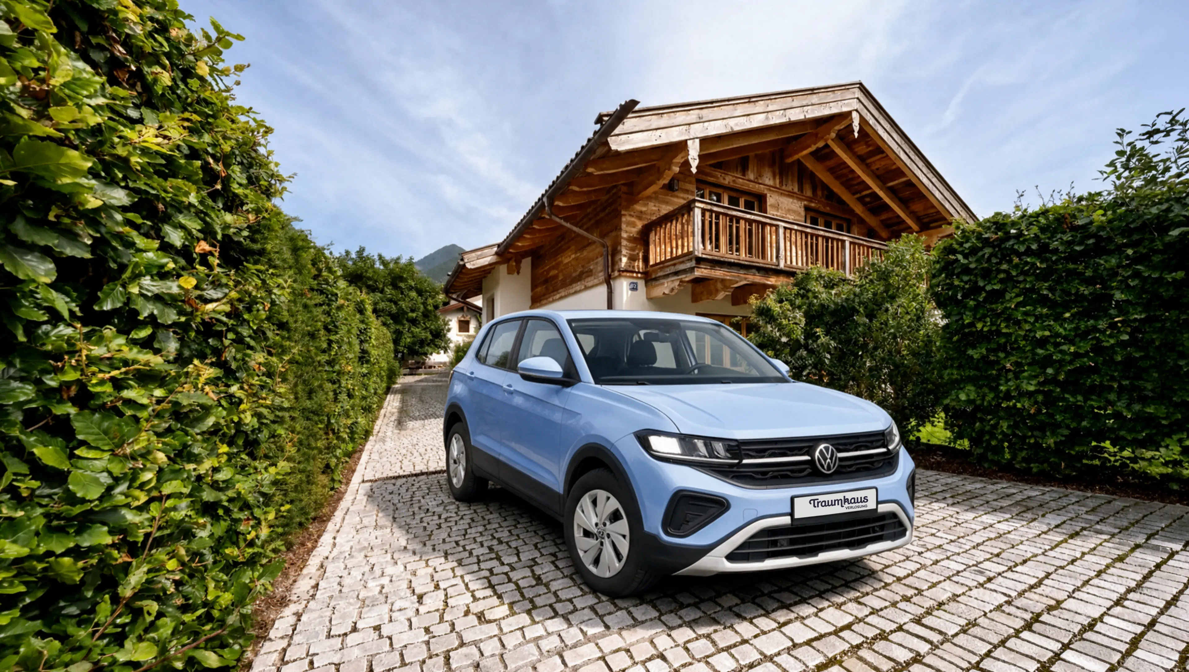 Ein hellblauer VW T-Cross Trend im Wert von 30.000 € vor dem Traumhaus am Tegernsee