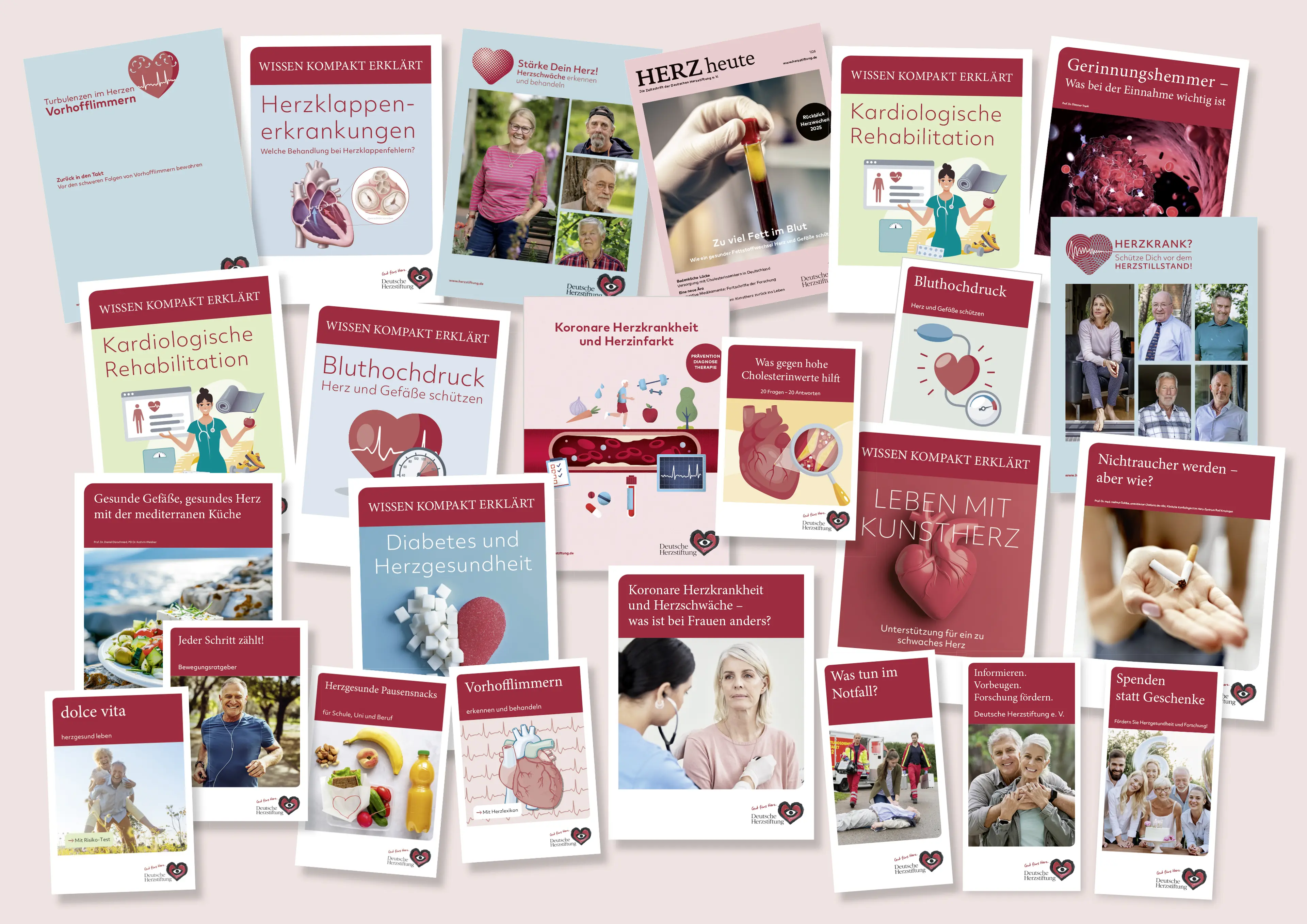 Eine Collage an Infobroschüren der Deutschen Herzstiftung e.V.