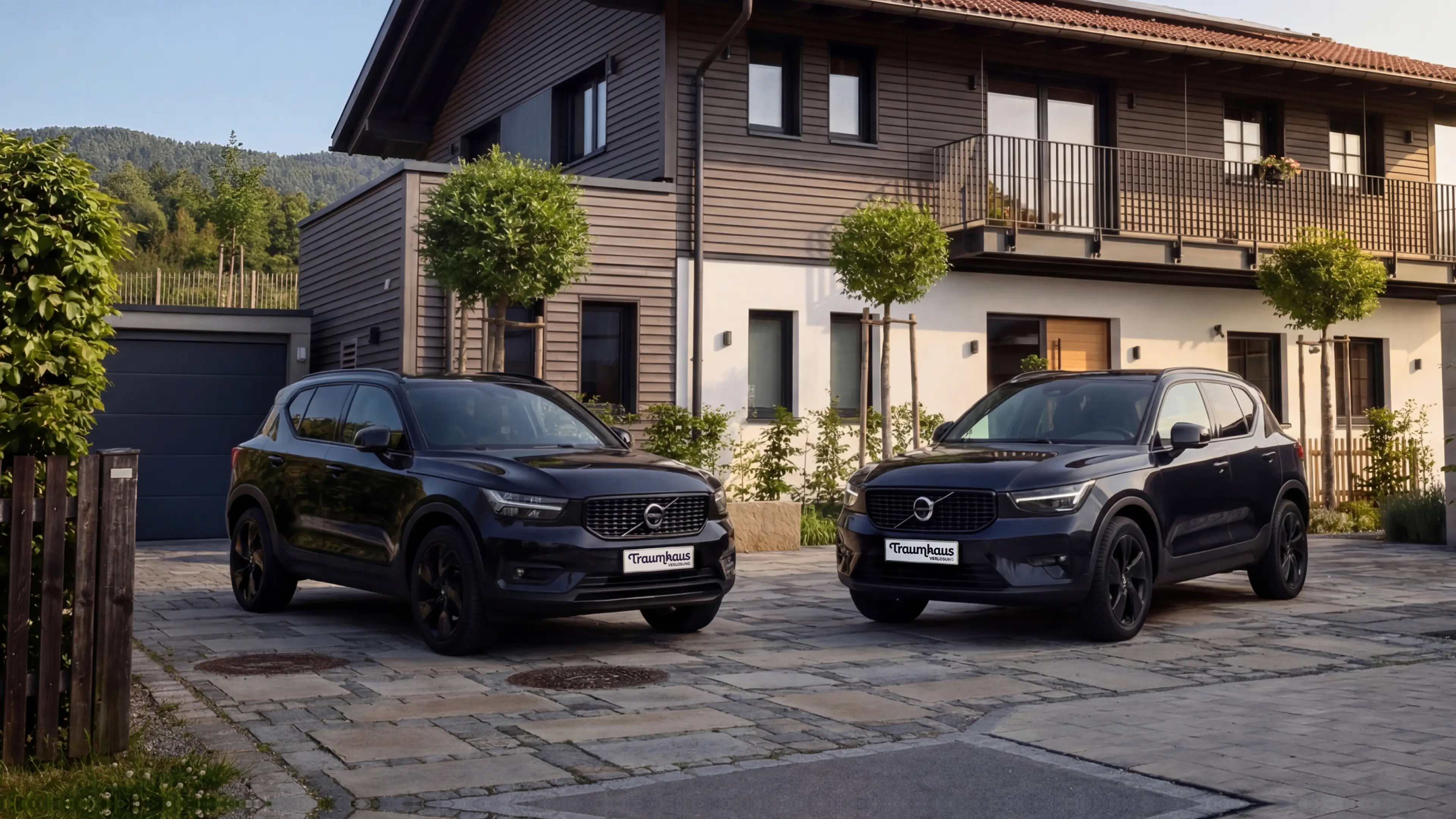 2 schwarze Volvo XC40 vor der Einfahrt des Traumhauses am Chiemsee