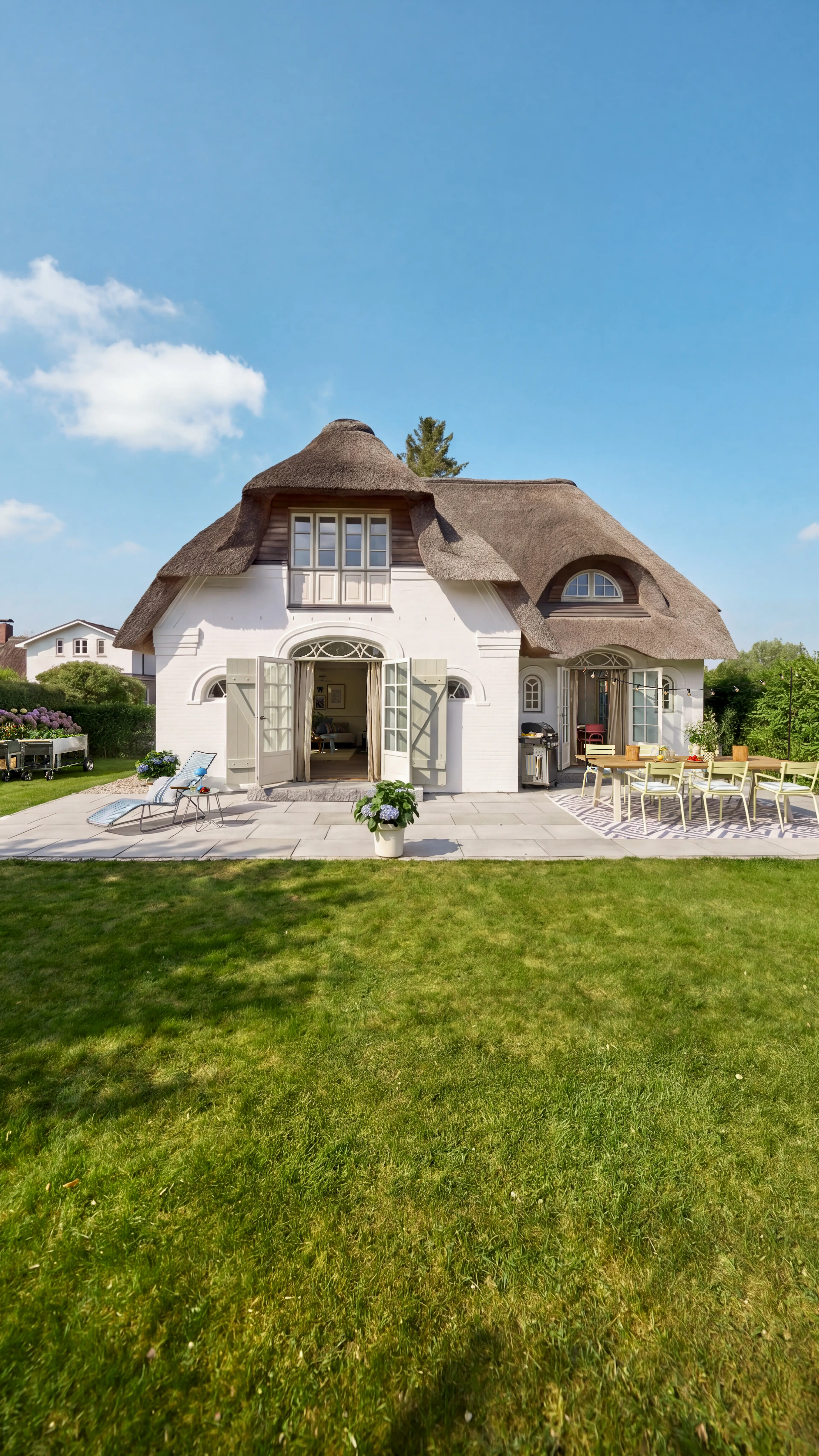 Weißes Haus mit Reetdach: Die Terrassentür steht offen und die sonnige Terrasse umgeben von einer grünen Rasenfläche ist mit einem großen Esstisch, 6 grünen Stühlen, einer Sonnenliege, Blumentöpfen und einem Weber-Grill ausgestattet.