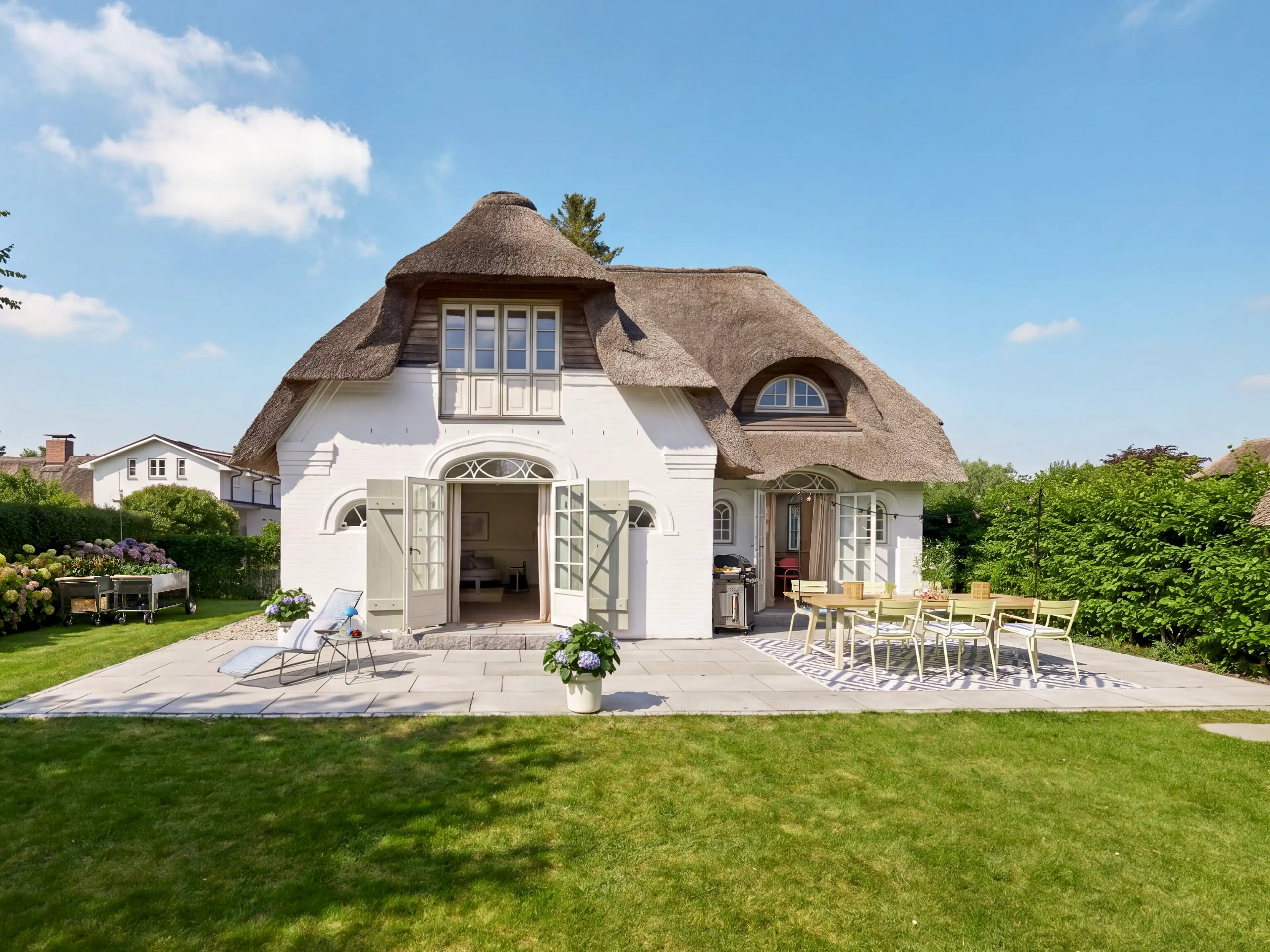 weißes Traumhaus mit Reetdach
