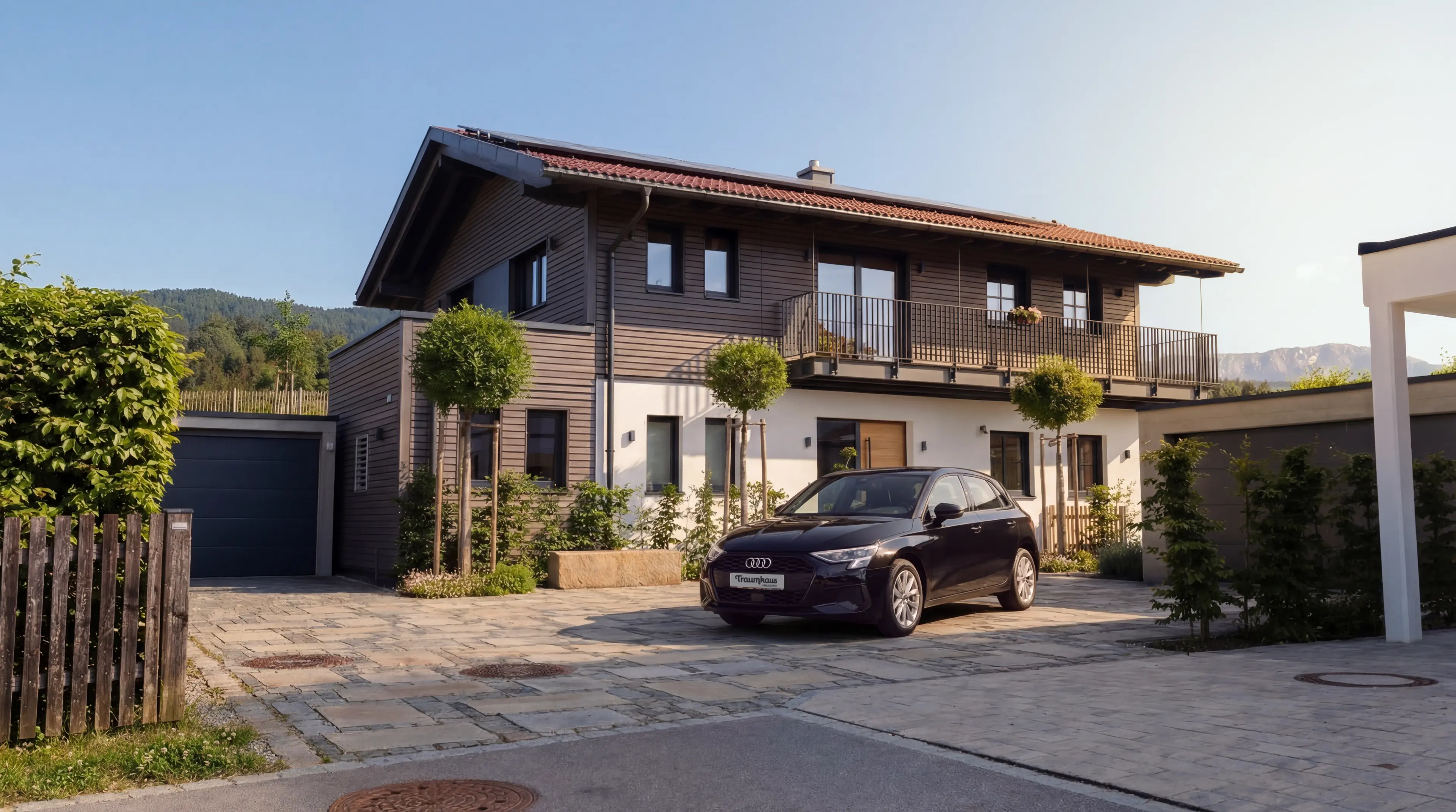 Ein schwarzer Audi A3 Sportback steht for der Einfahrt des Traumhauses am Chiemsee