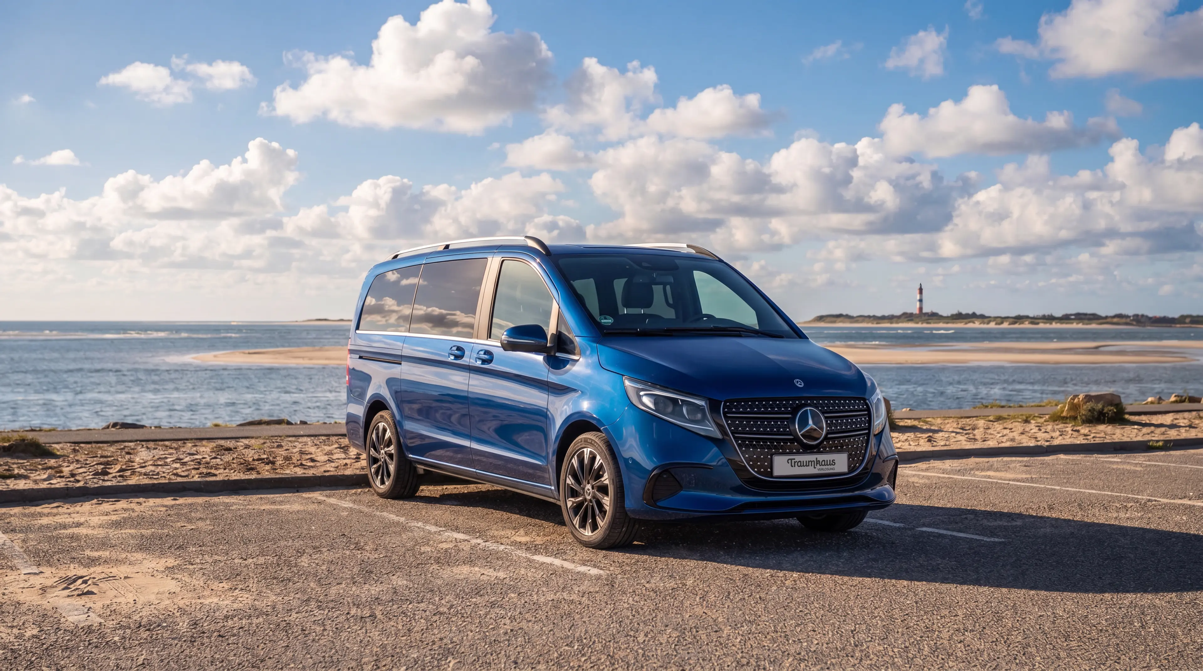 Die Mercedes V-Klasse in königsblau auf dem Parkplatz auf der Insel Amrum im Hintergrund die Nordsee und die Leuchturm
