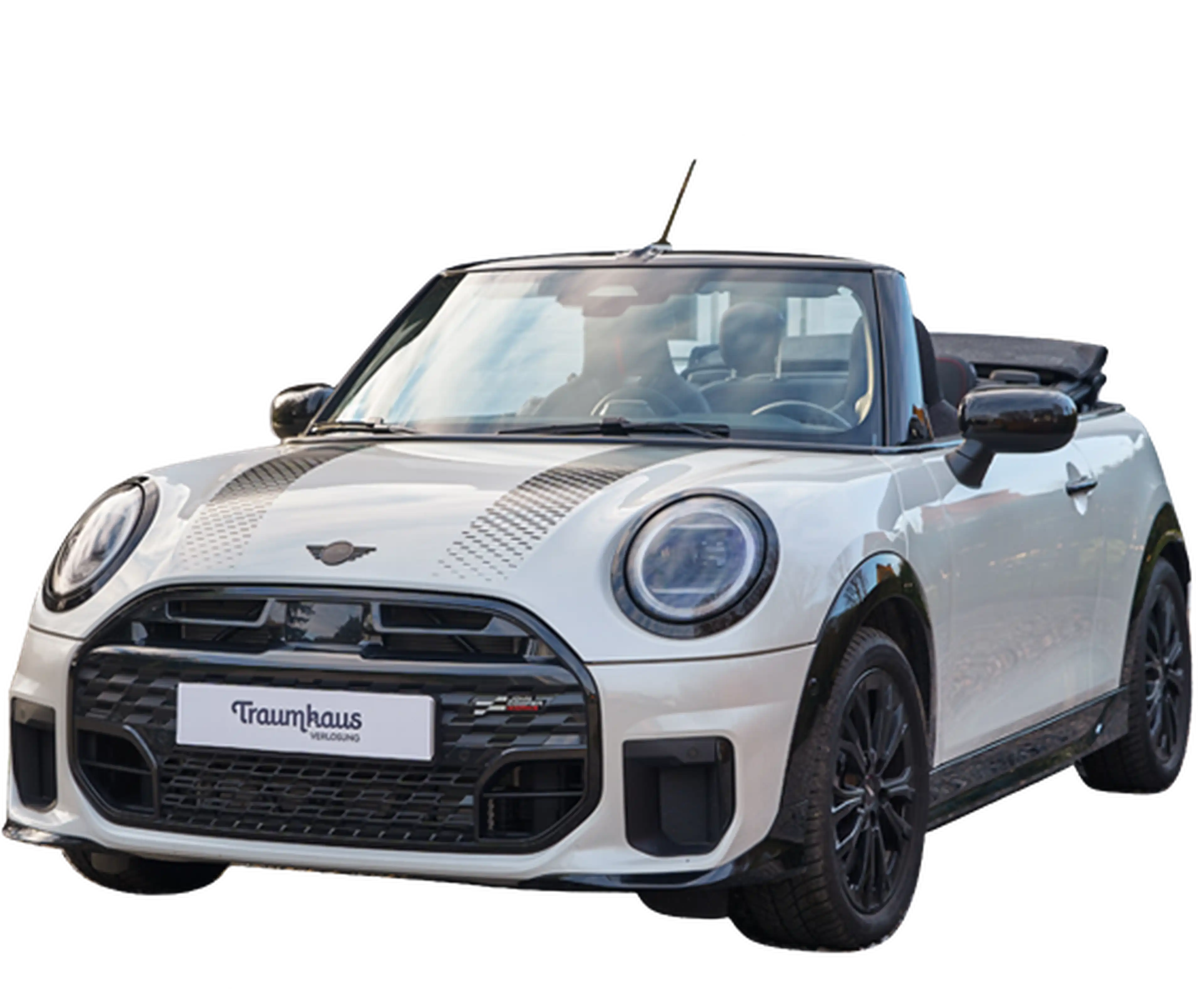Weißes MINI Cooper Cabrio mit schwarzen Details wie Felgen, Dach und Seitenspiegeln