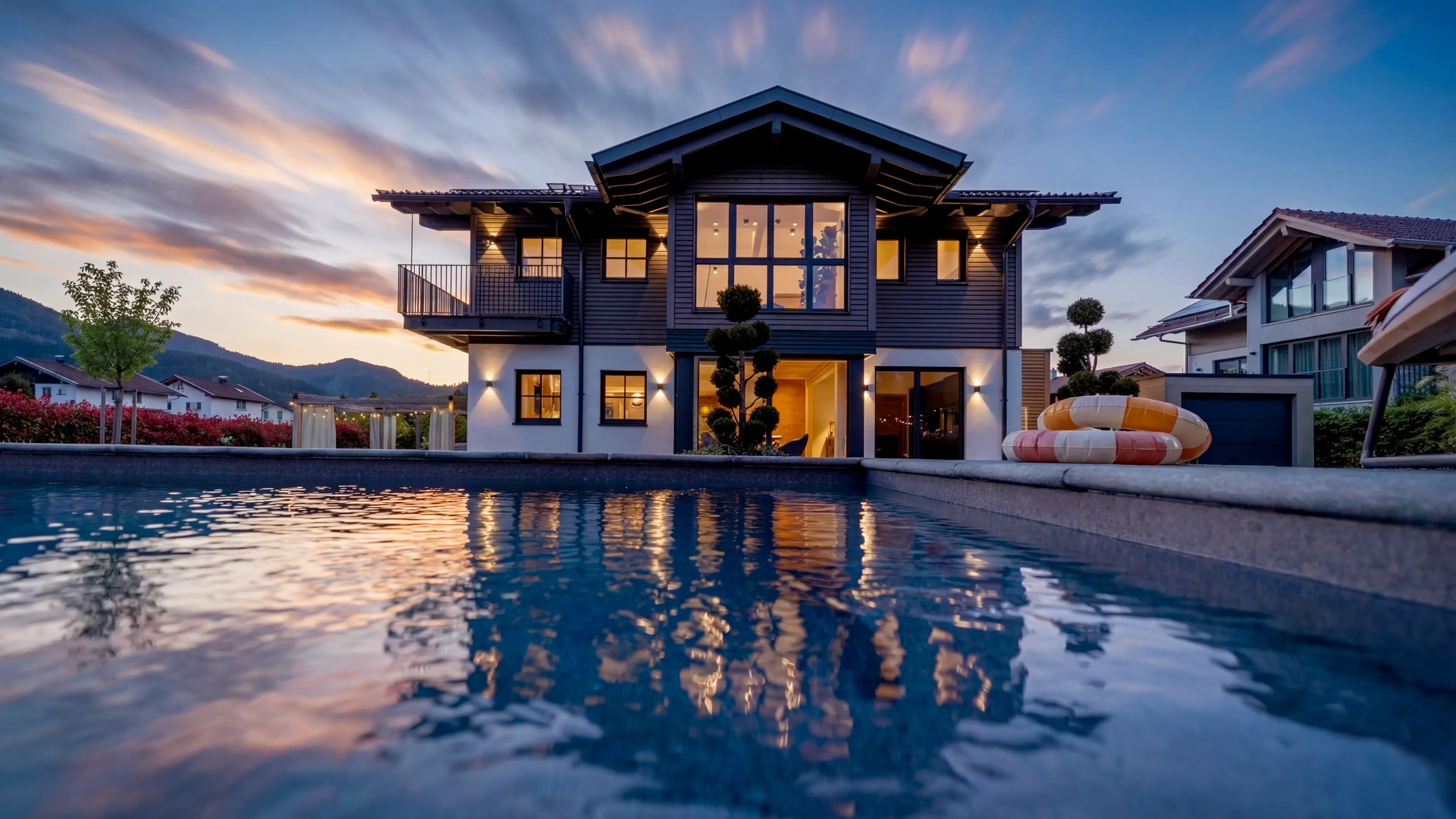 Blick auf das Traumhaus am Chiemsee aus dem Pool heraus bei Abenddämmerung