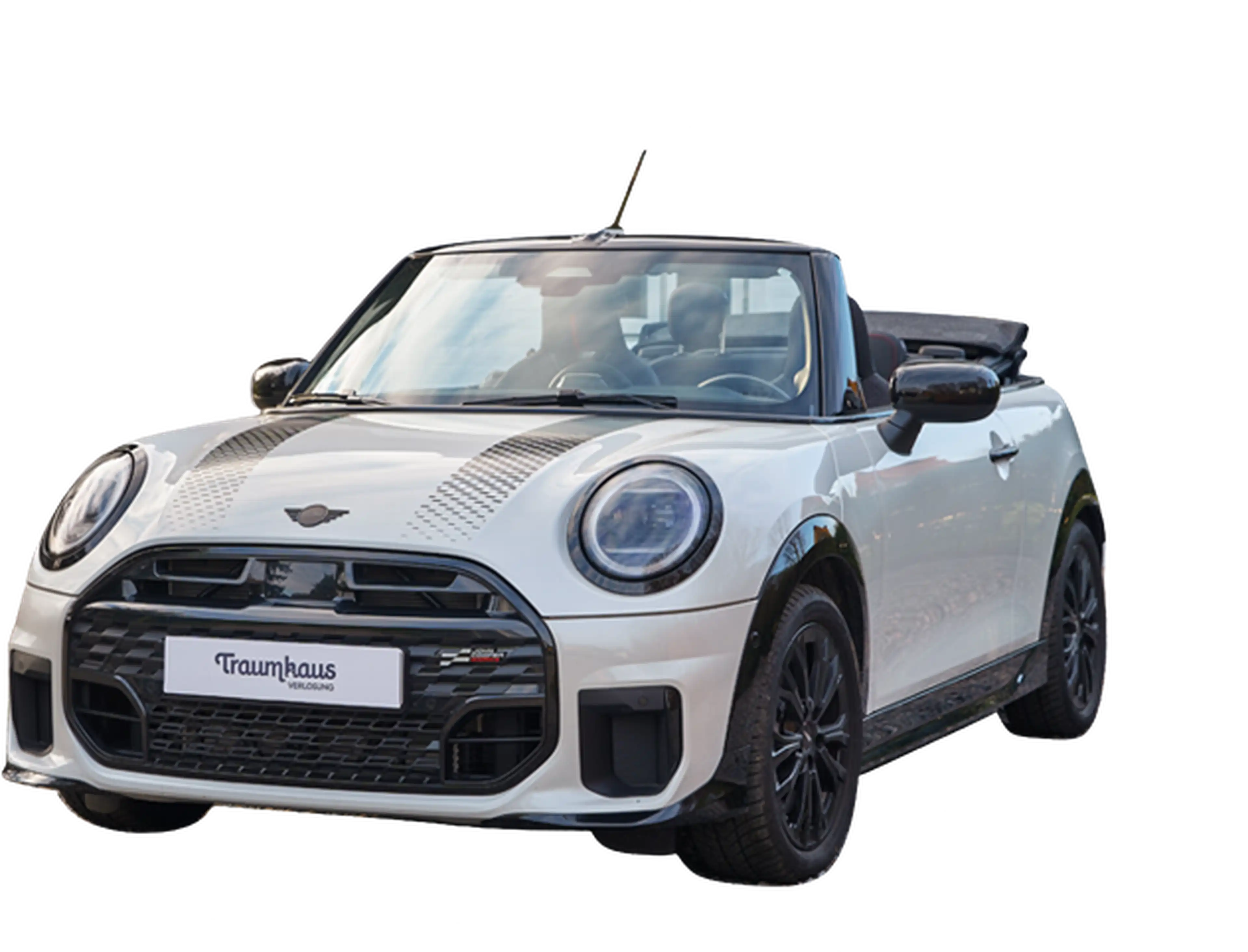 Weißes Mini Cooper Cabrio mit schwarzen Details von vorne fotografiert