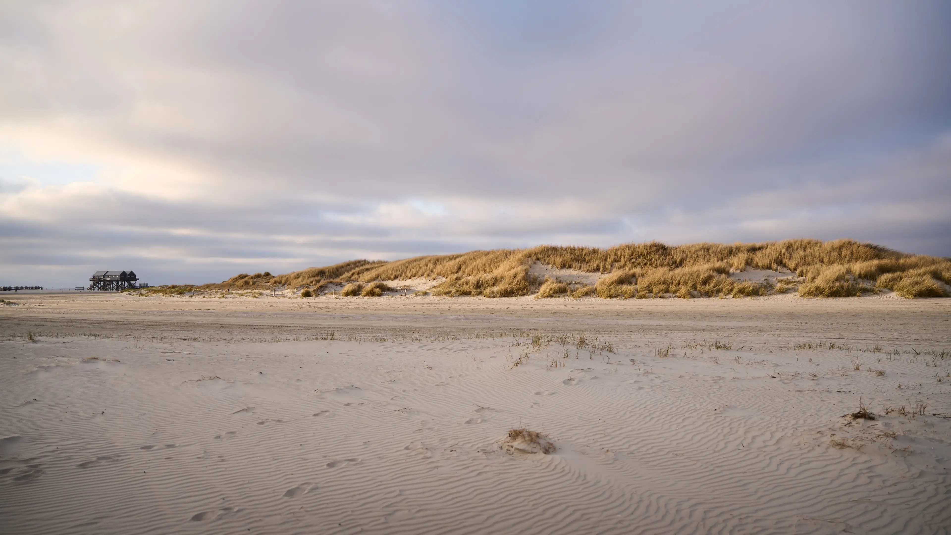 Der lange Sandstrand von St. Peter-Ording mit den berühmten Stelzenhäusern in der Ferne