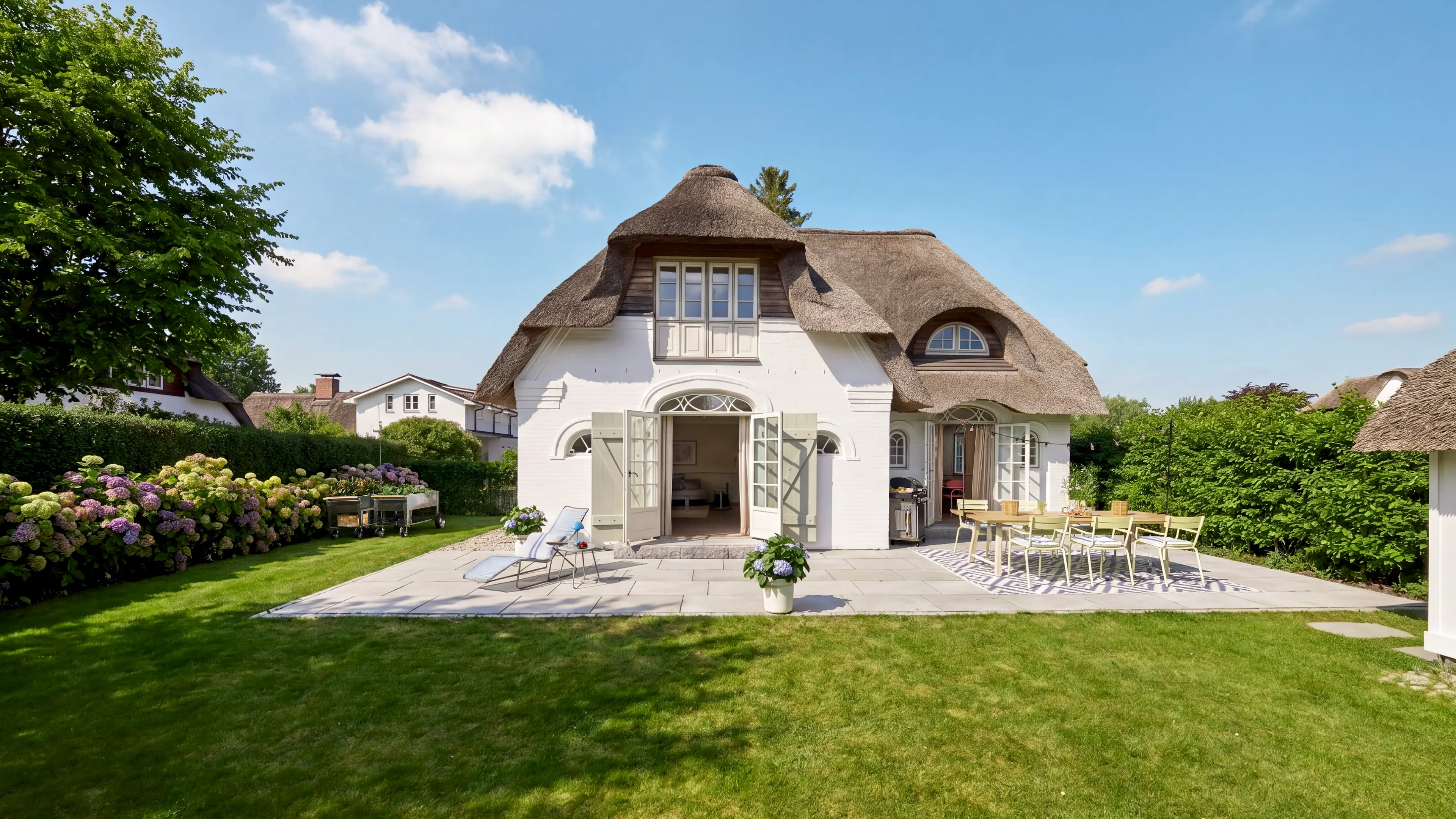 Weitblick in den großen Garten mit Rasenfläche und Terrasse des Traumhauses auf Amrum. Frontaler Blick auf den hinteren Bereich des Hauses mit großer offener Terrassentür. Auf der hellgefliesten Terrase befindet sich eine Sonnenliege und ein großer Esstisch 6 mint-farbenden Stühlen und großem modernem Gasgrill.