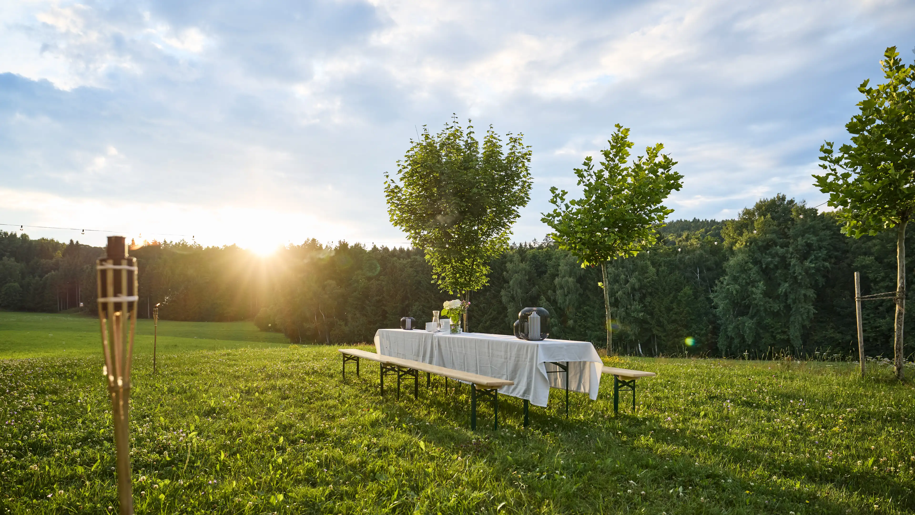 Große Wiese mit Bäumen Stühlen, Tisch und Fackeln - ein echter Traumgarten
