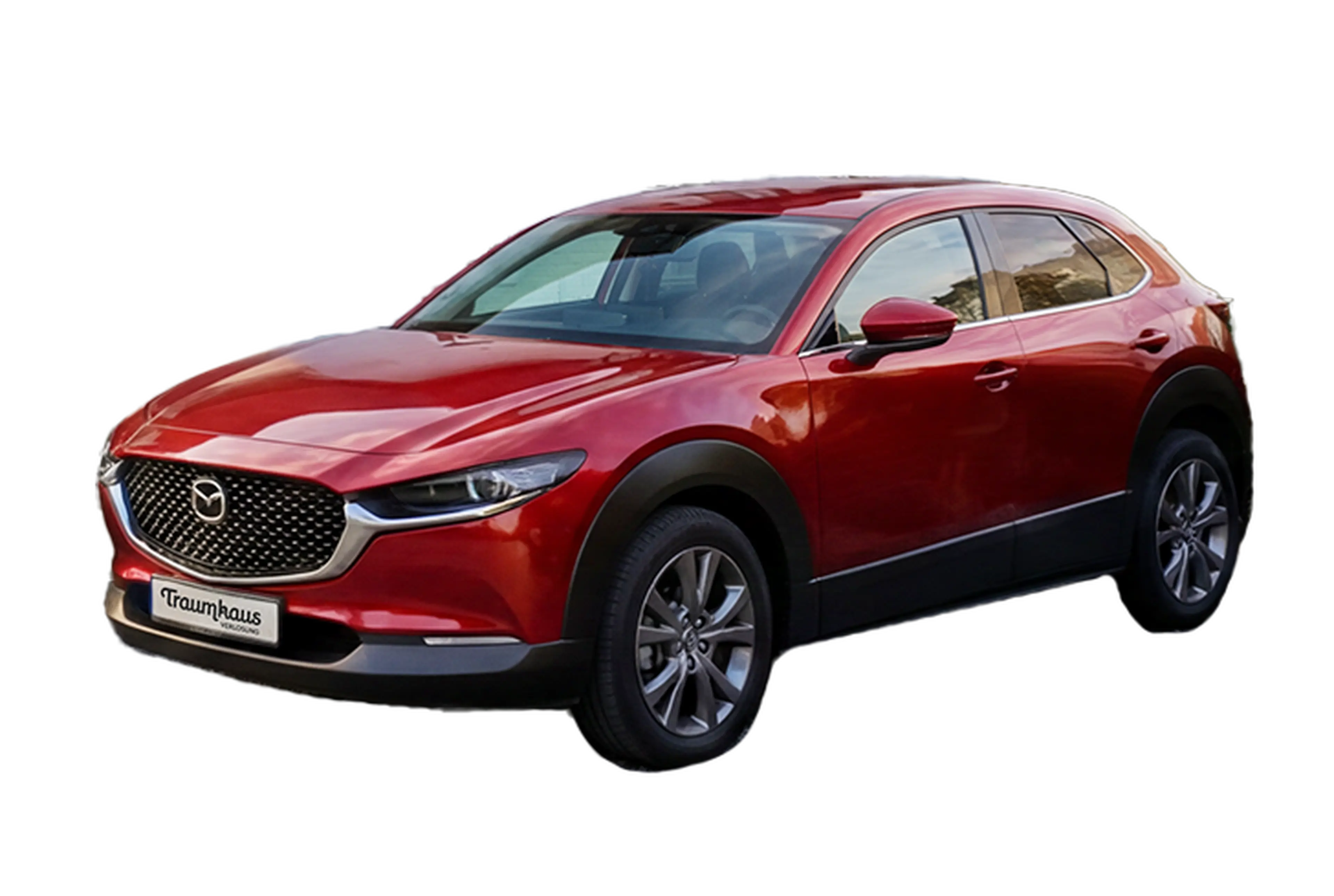 Seitliche Ansicht eines roten Mazdas CX-30