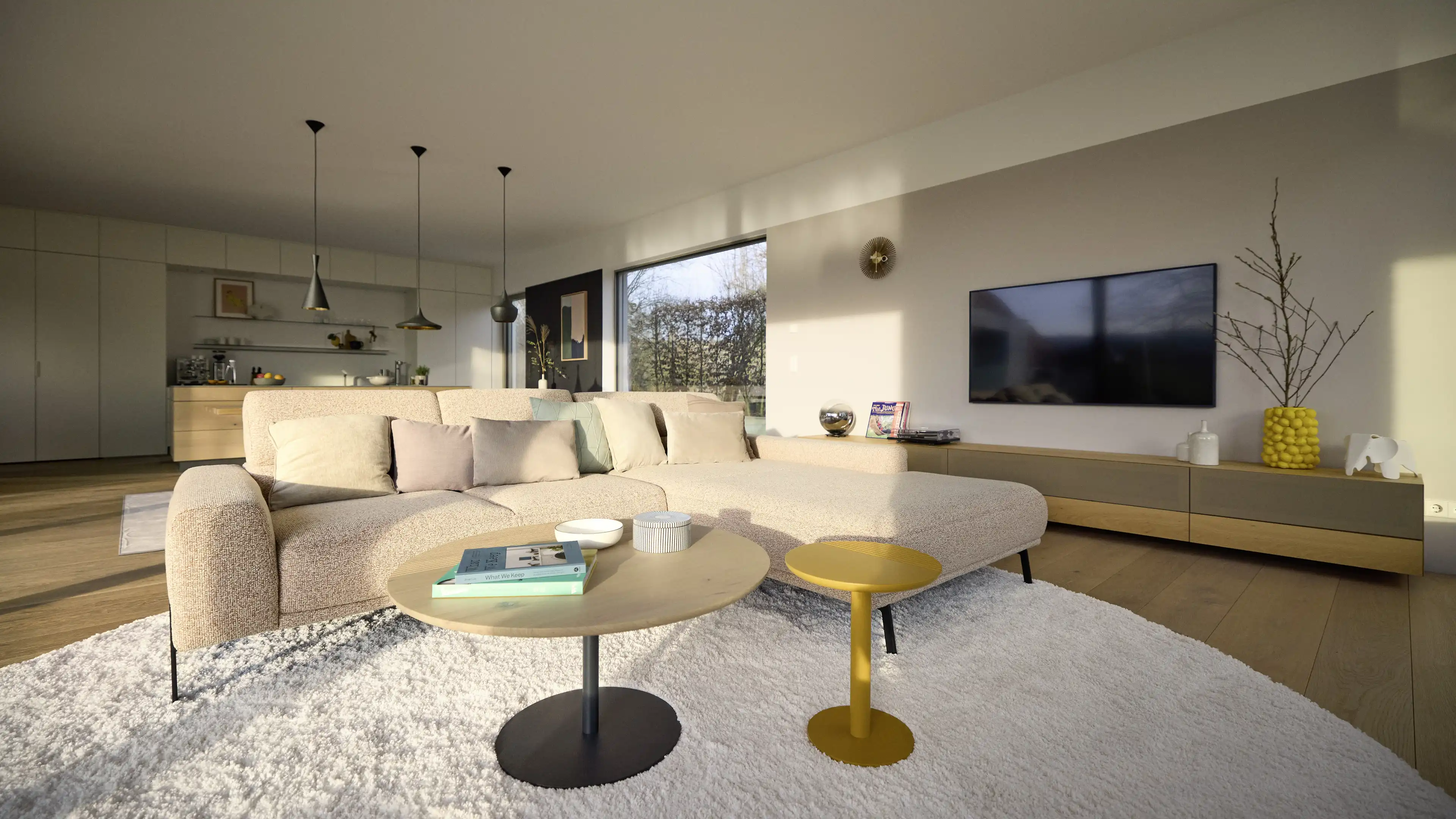 Offene Wohnlandschaft mit großen Fenstern